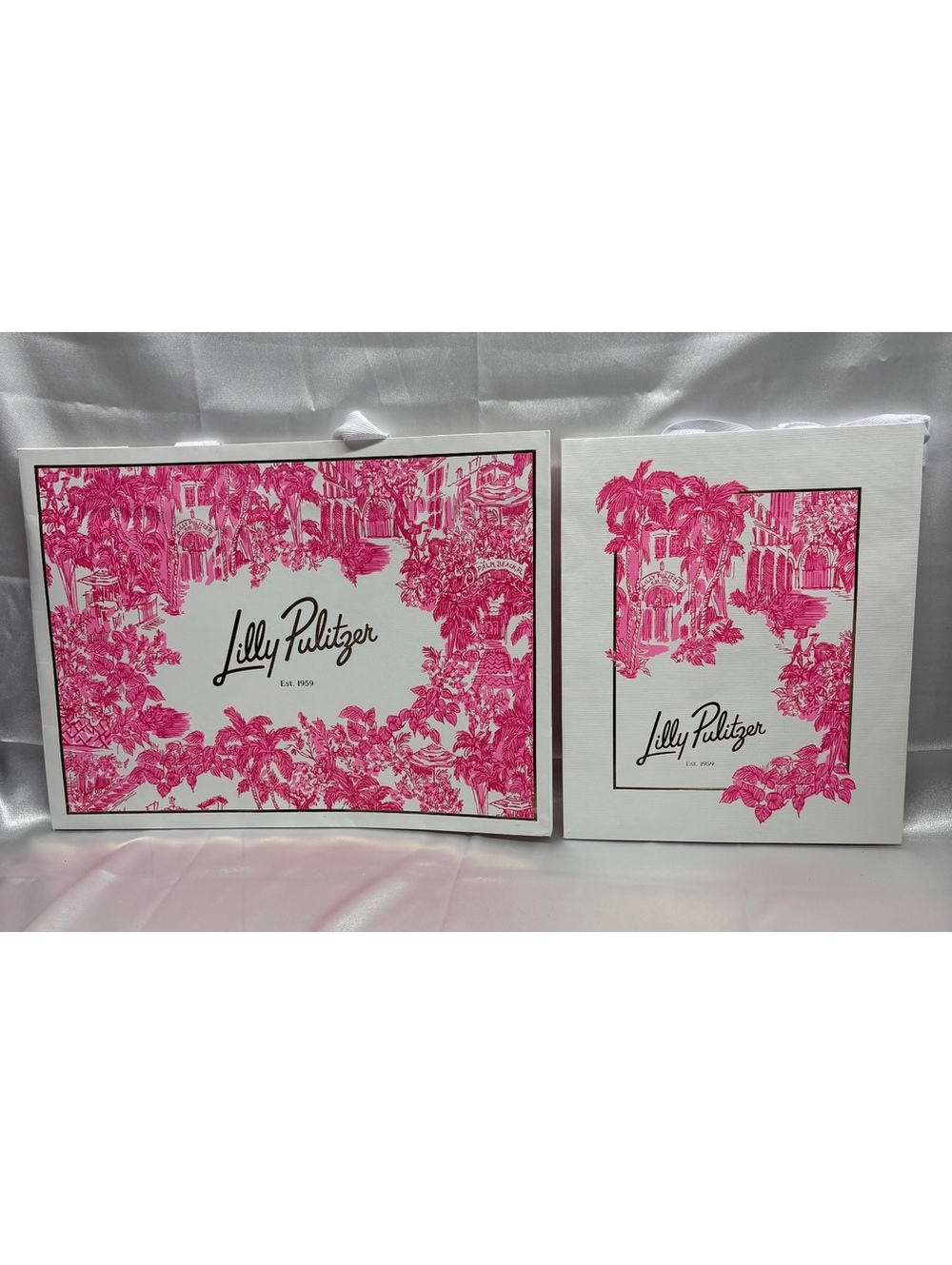 Lilly Pulitzer Set of 2 Reusable Shopping Gift Bags With Handles Pink White Gold